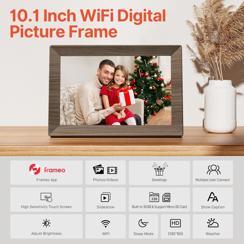 BIGASUO إطار صورة رقمي Frameo 10.1" مع ذاكرة 32 جيجابايت خشبي واي فاي إطار صور إلكتروني 1280 x 800 شاشة تعمل باللمس IPS دوران تلقائي عرض شرائح قابل للتعليق على الحائط مشاركة الصور/الفيديو عن بُعد في أي مكان - Image 5